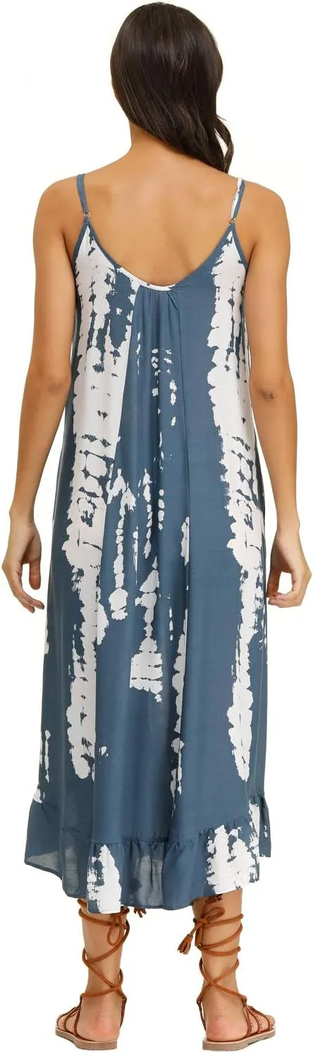 wexcen Women's V-Neck Floral Print Spaghetti Strap Boho Beach Long Maxi Summer Casual Dress with Pockets