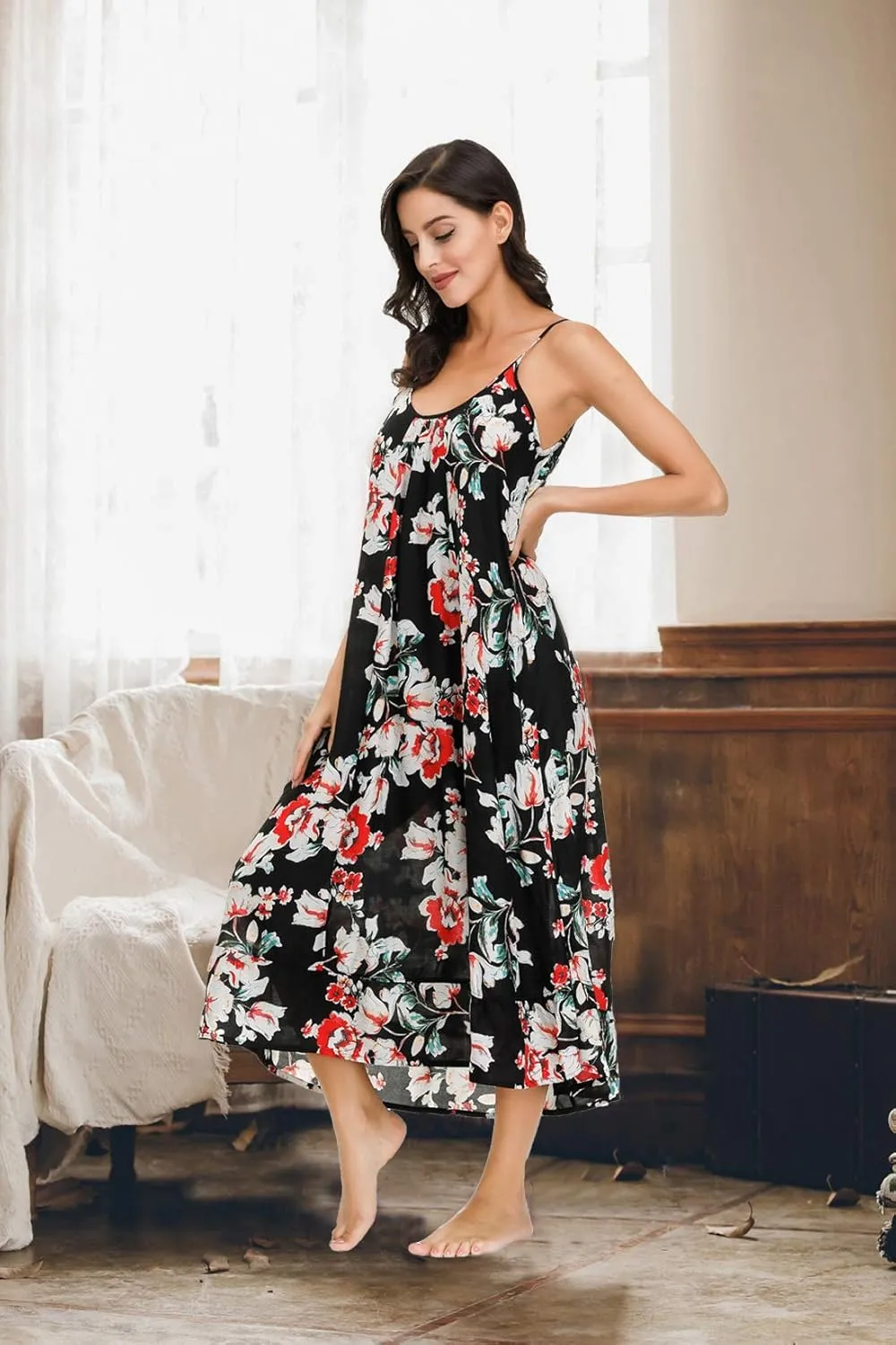 wexcen Women's V-Neck Floral Print Spaghetti Strap Boho Beach Long Maxi Summer Casual Dress with Pockets