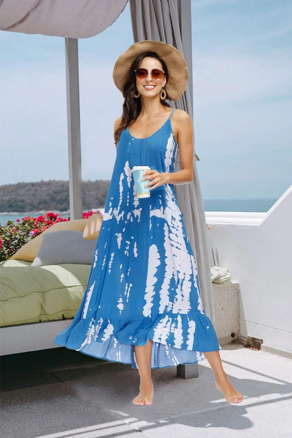 wexcen Women's V-Neck Floral Print Spaghetti Strap Boho Beach Long Maxi Summer Casual Dress with Pockets