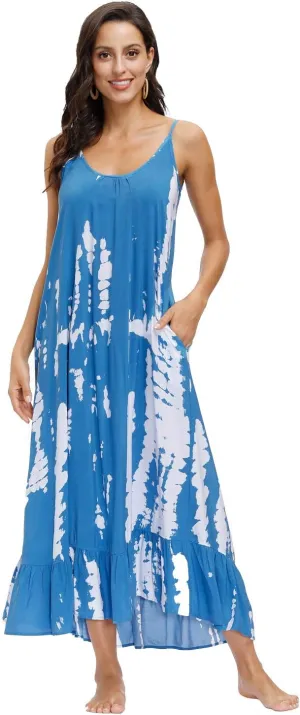 wexcen Women's V-Neck Floral Print Spaghetti Strap Boho Beach Long Maxi Summer Casual Dress with Pockets