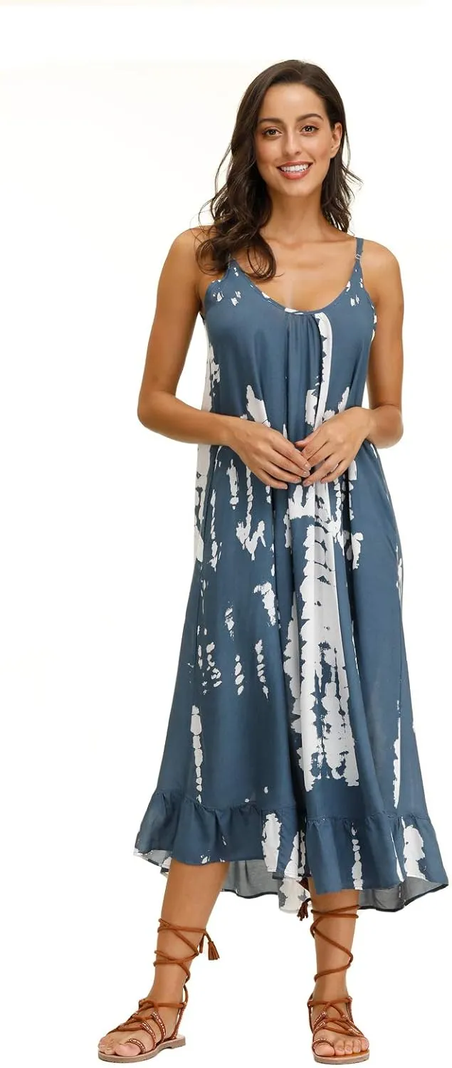 wexcen Women's V-Neck Floral Print Spaghetti Strap Boho Beach Long Maxi Summer Casual Dress with Pockets