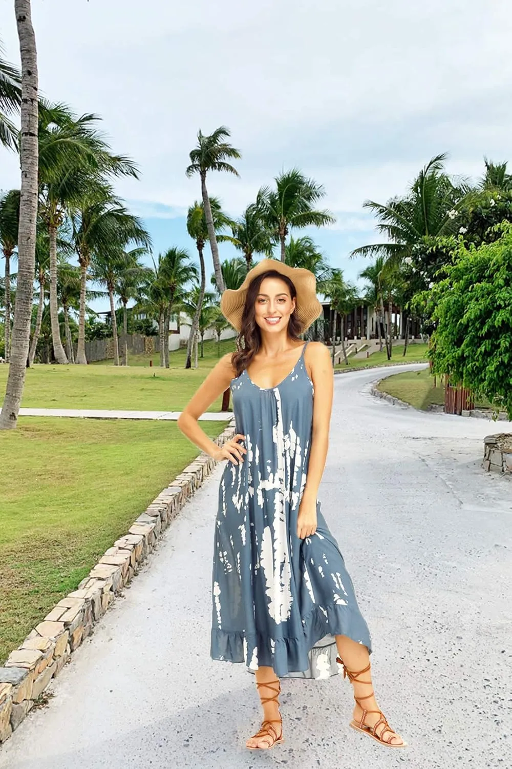 wexcen Women's V-Neck Floral Print Spaghetti Strap Boho Beach Long Maxi Summer Casual Dress with Pockets