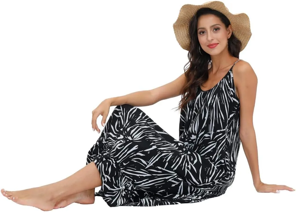 wexcen Women's V-Neck Floral Print Spaghetti Strap Boho Beach Long Maxi Summer Casual Dress with Pockets