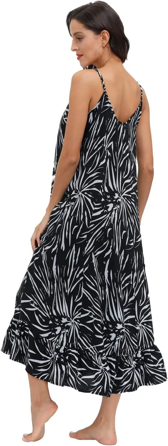wexcen Women's V-Neck Floral Print Spaghetti Strap Boho Beach Long Maxi Summer Casual Dress with Pockets