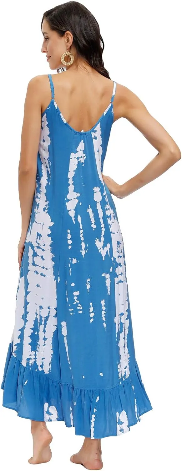 wexcen Women's V-Neck Floral Print Spaghetti Strap Boho Beach Long Maxi Summer Casual Dress with Pockets