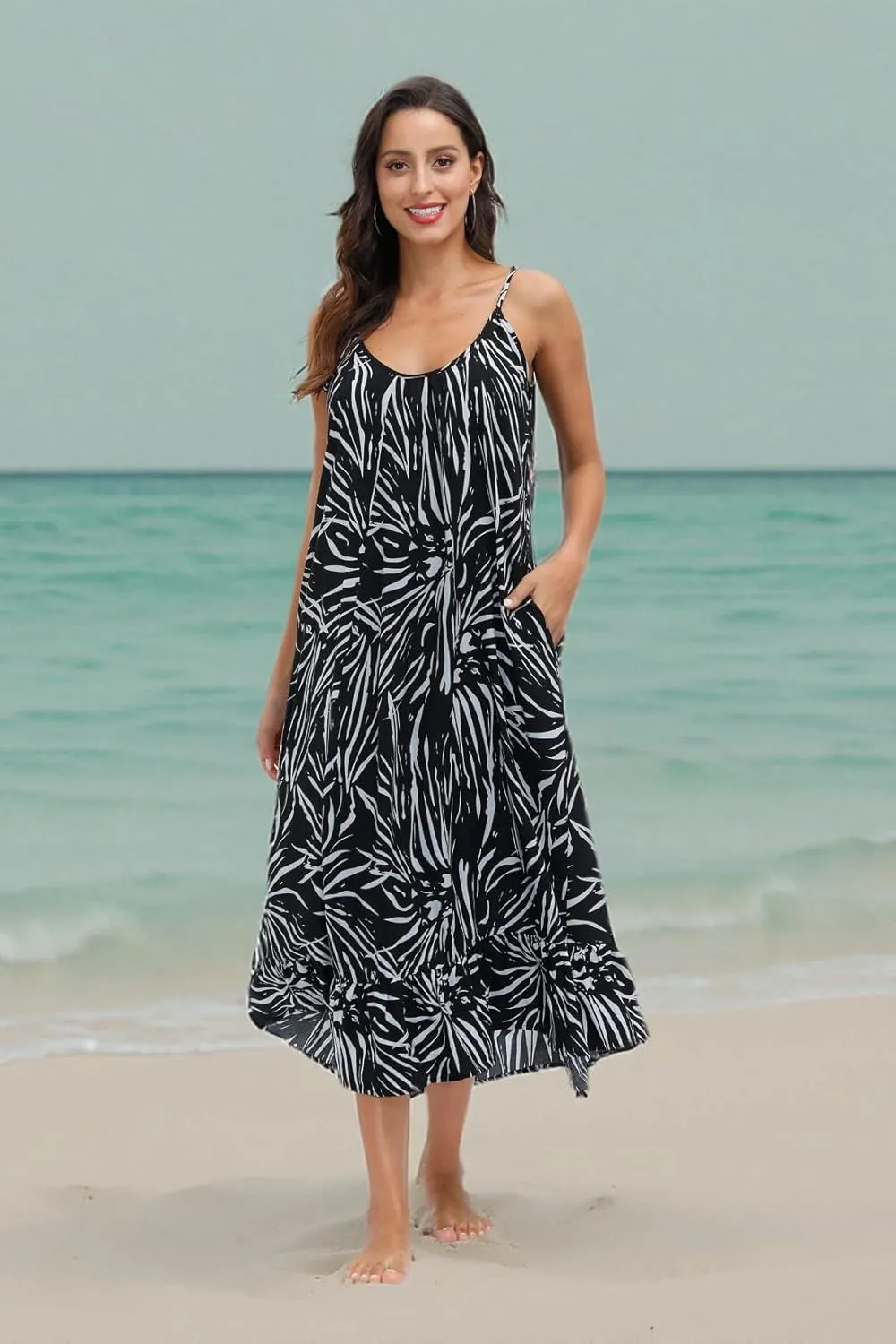 wexcen Women's V-Neck Floral Print Spaghetti Strap Boho Beach Long Maxi Summer Casual Dress with Pockets