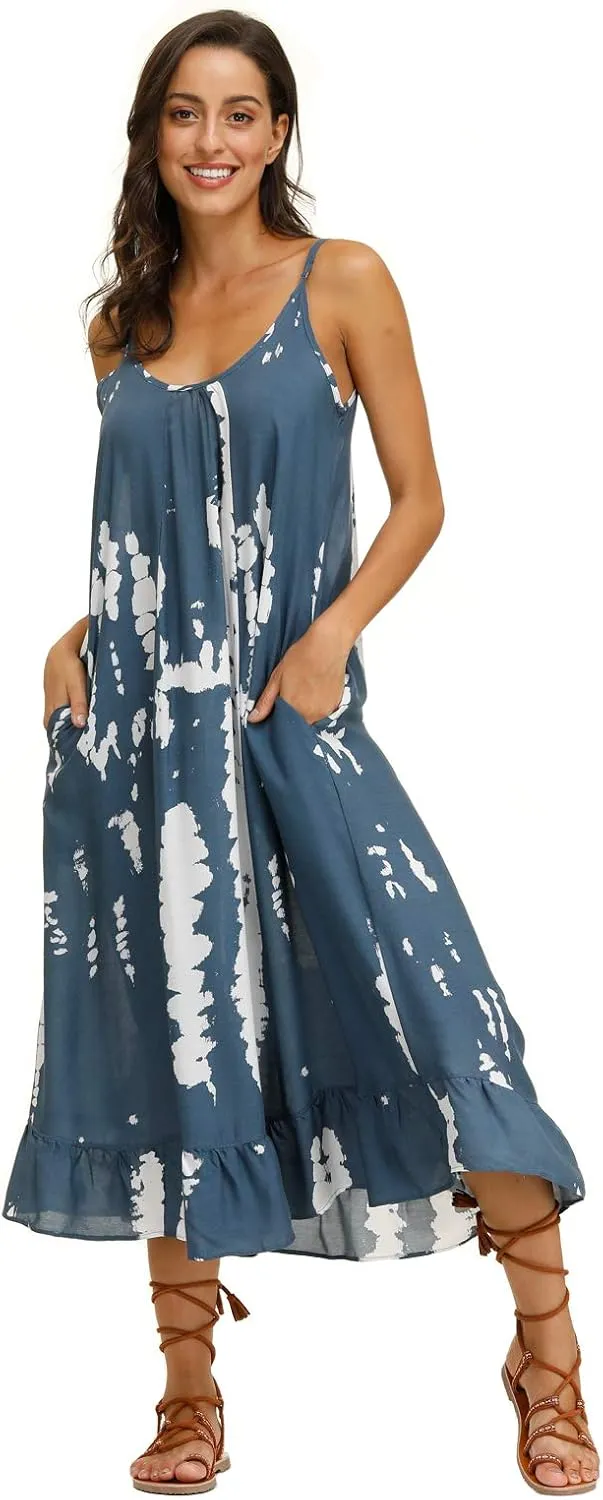 wexcen Women's V-Neck Floral Print Spaghetti Strap Boho Beach Long Maxi Summer Casual Dress with Pockets
