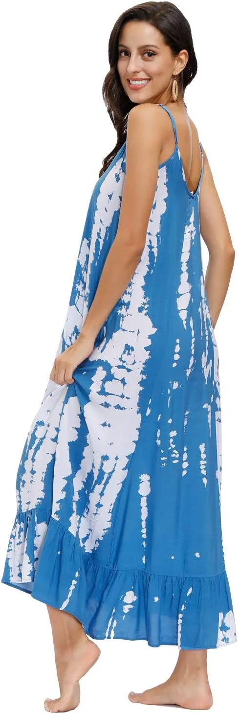 wexcen Women's V-Neck Floral Print Spaghetti Strap Boho Beach Long Maxi Summer Casual Dress with Pockets
