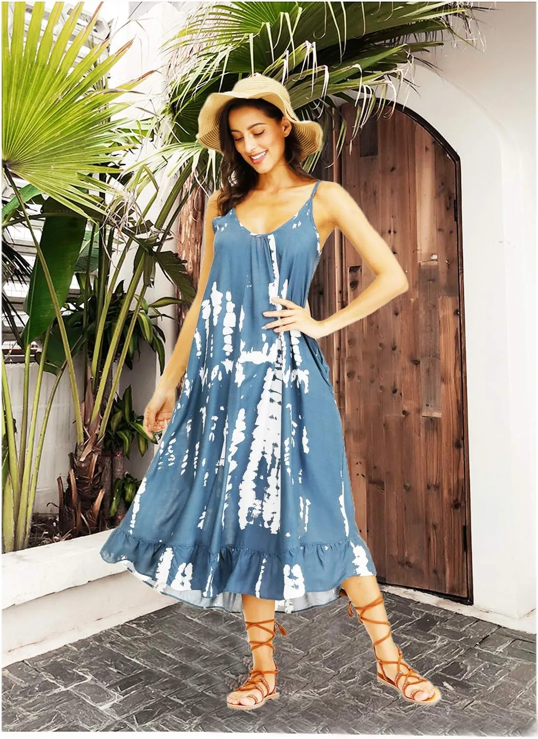 wexcen Women's V-Neck Floral Print Spaghetti Strap Boho Beach Long Maxi Summer Casual Dress with Pockets