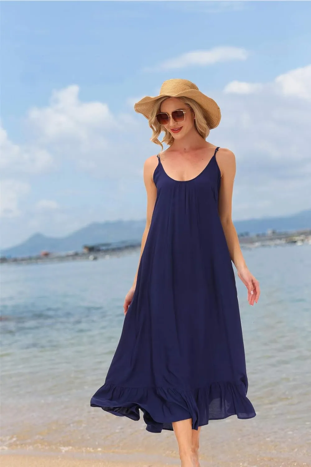 wexcen Women's V-Neck Floral Print Spaghetti Strap Boho Beach Long Maxi Summer Casual Dress with Pockets