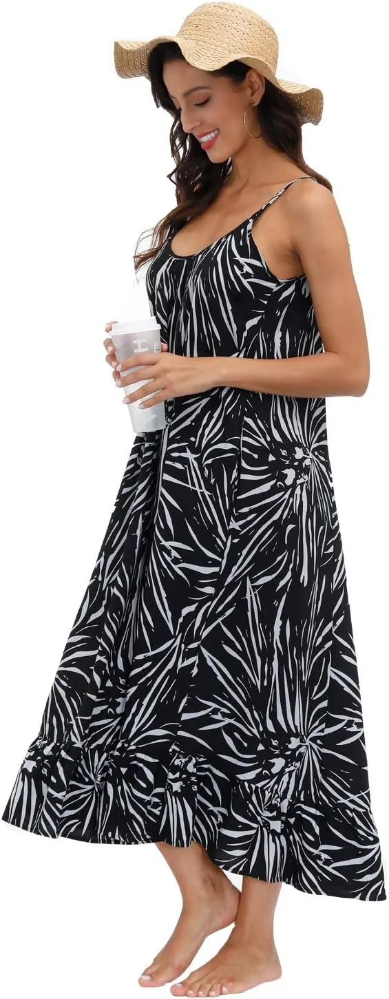 wexcen Women's V-Neck Floral Print Spaghetti Strap Boho Beach Long Maxi Summer Casual Dress with Pockets