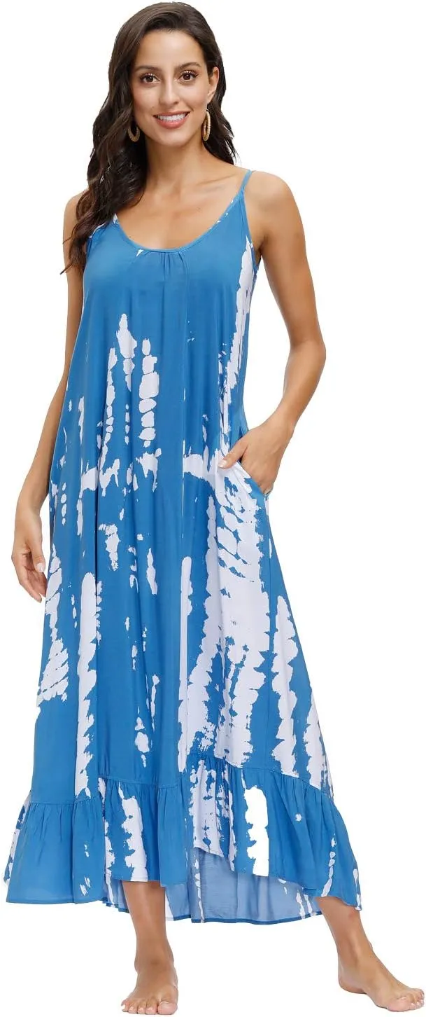 wexcen Women's V-Neck Floral Print Spaghetti Strap Boho Beach Long Maxi Summer Casual Dress with Pockets