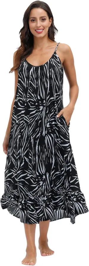 wexcen Women's V-Neck Floral Print Spaghetti Strap Boho Beach Long Maxi Summer Casual Dress with Pockets