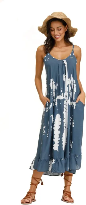 wexcen Women's V-Neck Floral Print Spaghetti Strap Boho Beach Long Maxi Summer Casual Dress with Pockets