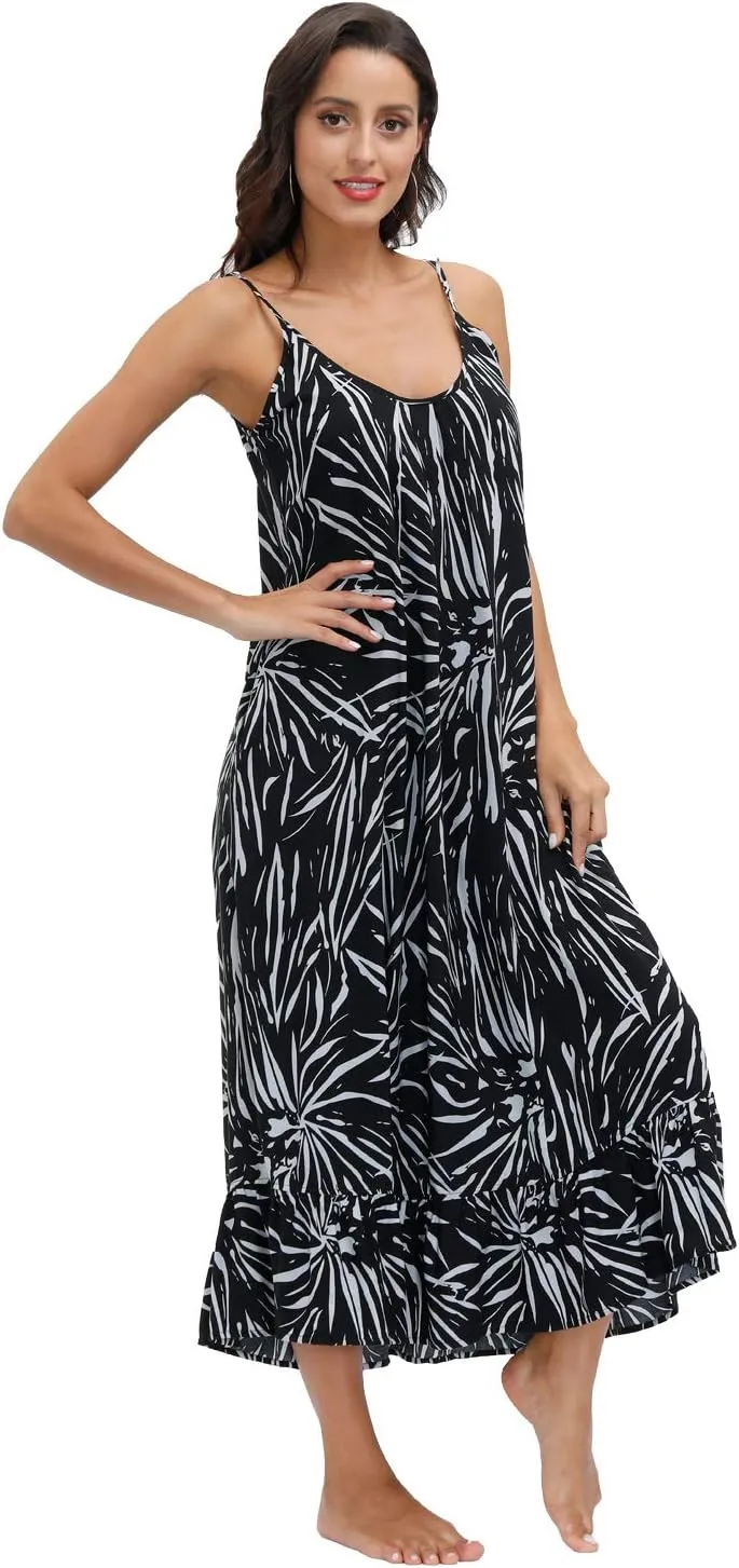wexcen Women's V-Neck Floral Print Spaghetti Strap Boho Beach Long Maxi Summer Casual Dress with Pockets