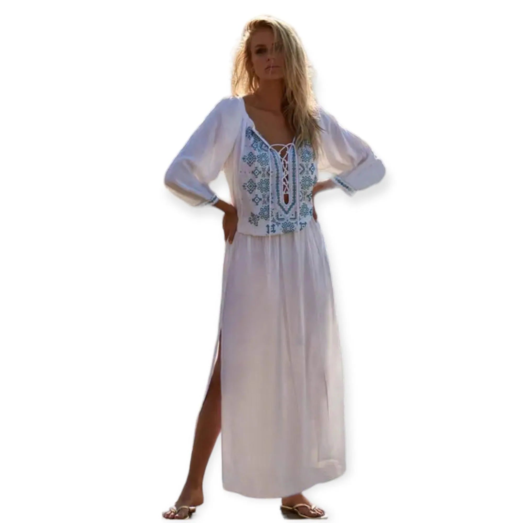 White Blue Embroidered Kaftan Dress