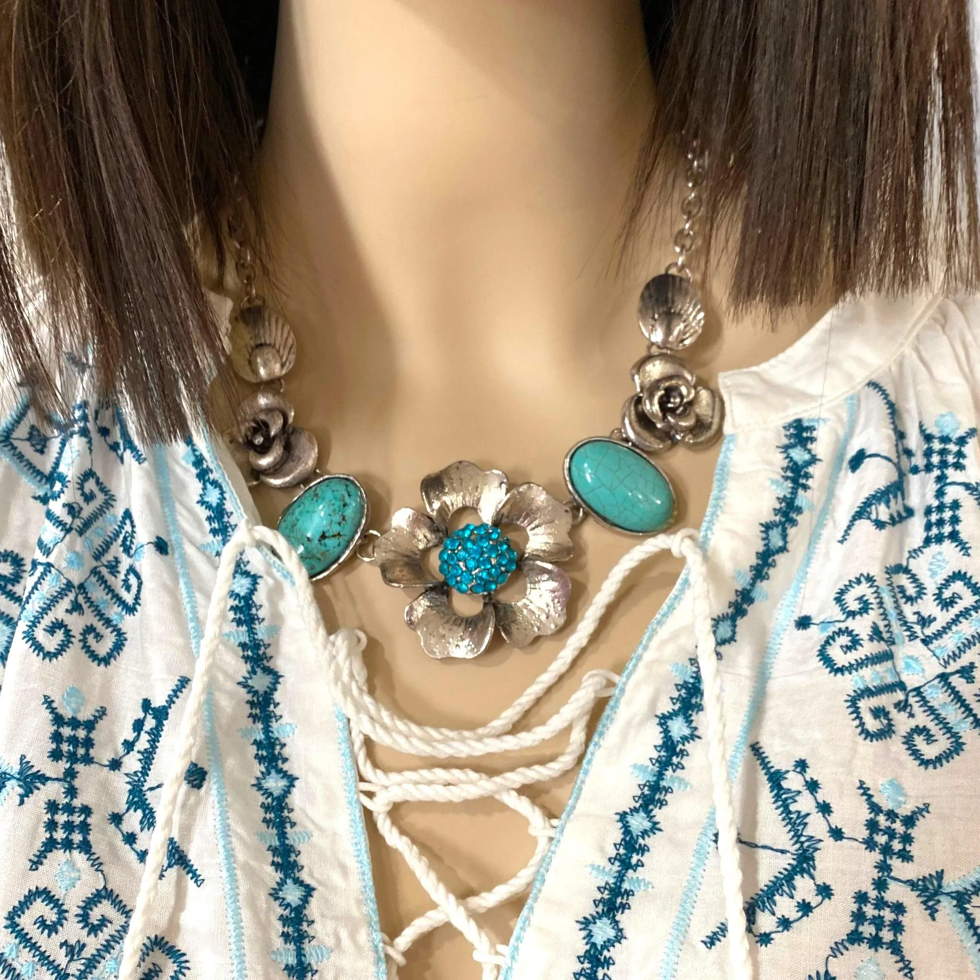 White Blue Embroidered Kaftan Dress