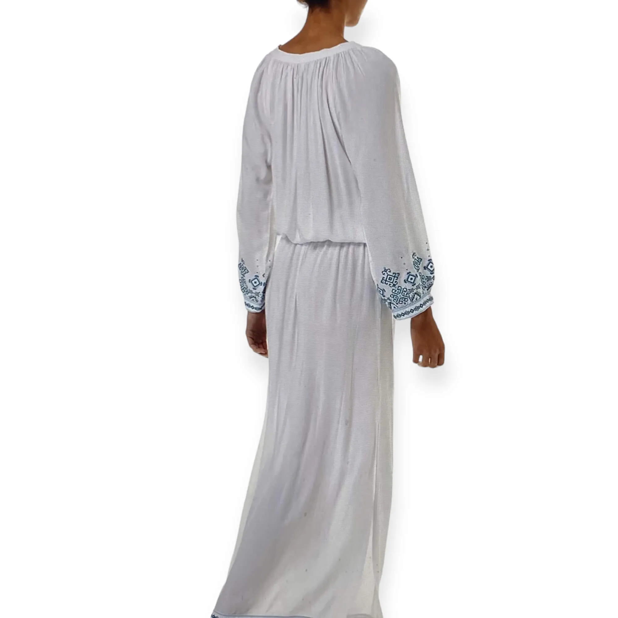 White Blue Embroidered Kaftan Dress