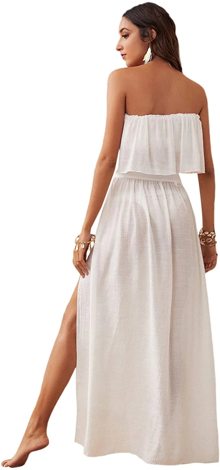 White Ruffled Bandeau Top & Maxi Skirt Cover Up Set