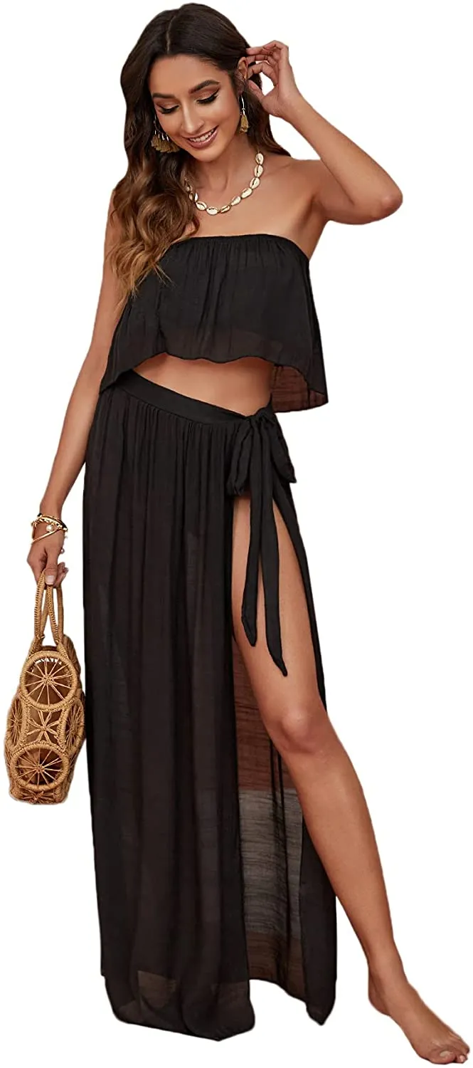 White Ruffled Bandeau Top & Maxi Skirt Cover Up Set