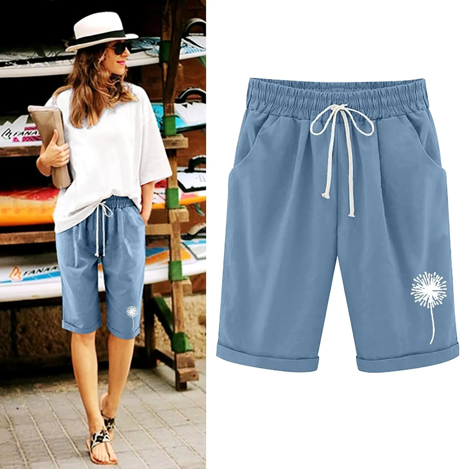 White Shorts for Woman Plus Size High Waisted Shorts Lacing Beach Workout Pocket Five Point Pants White Shorts for