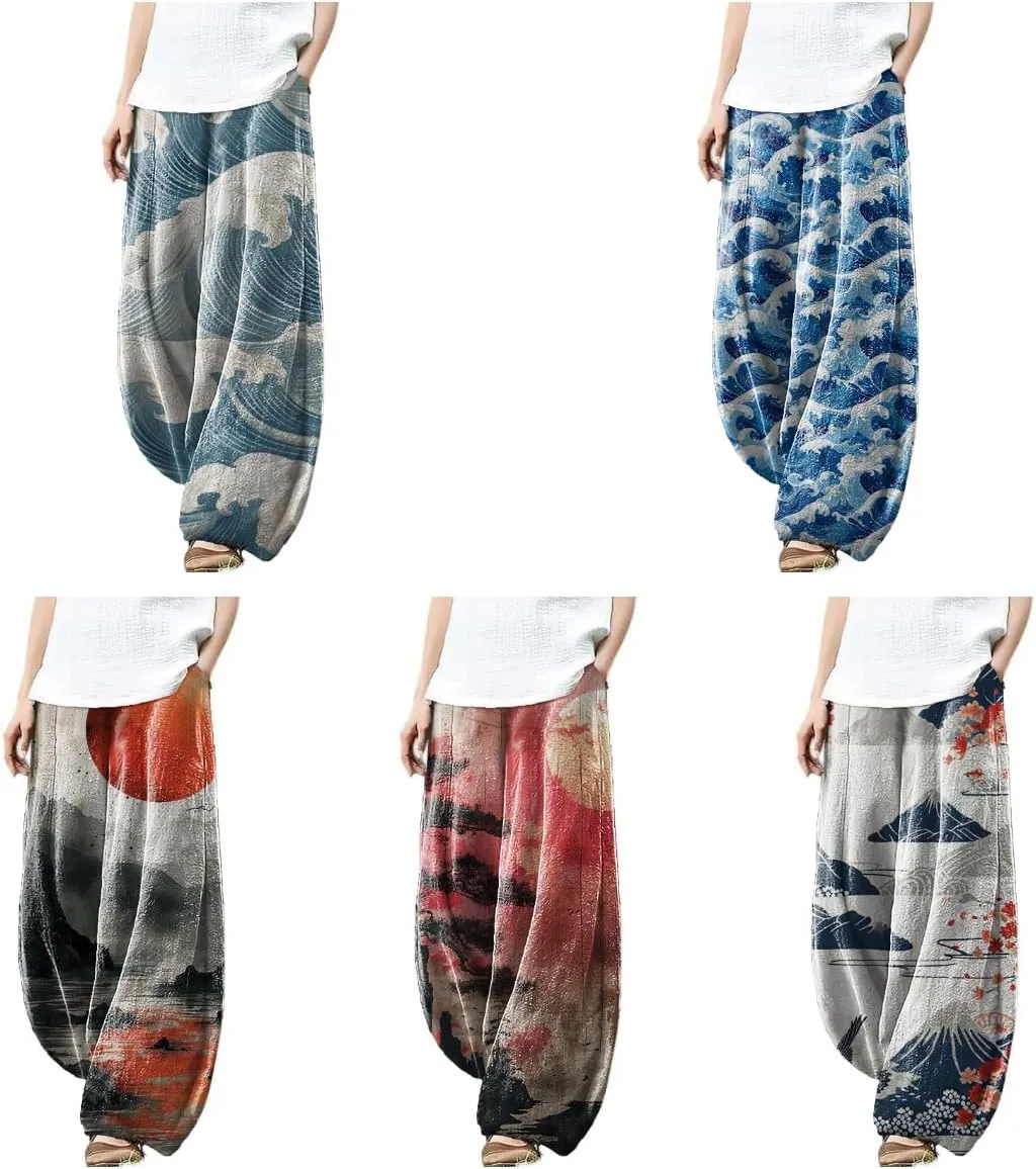 Wide Leg Linen Pants for Women Summer Baggy Pants Casual Lightweight Printed Pants for Women Lantern Trouser