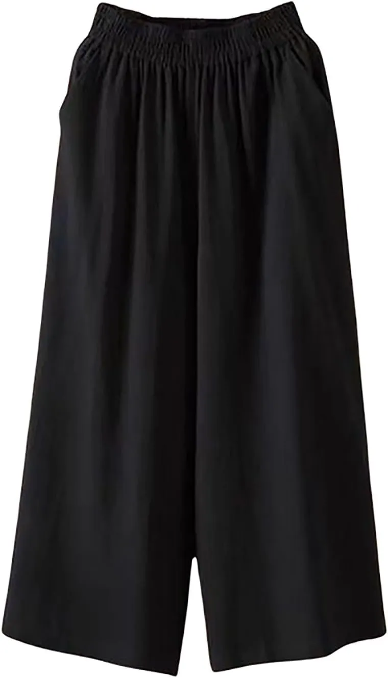 Wide Leg Linen Pants for Women Summer Capri Flowy Pants Casual Loose High Waist Trousers with Pockets