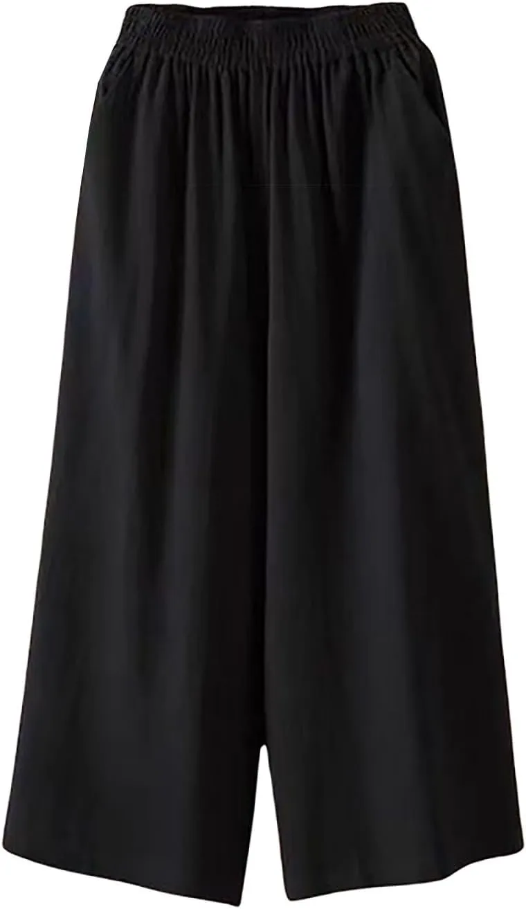 Wide Leg Linen Pants for Women Summer Capri Flowy Pants Casual Loose High Waist Trousers with Pockets
