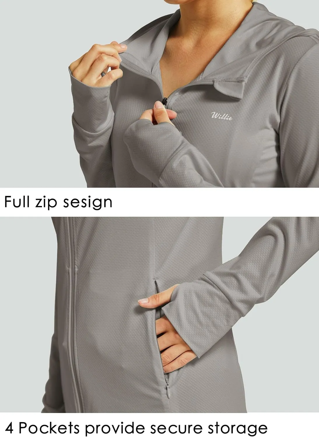 Willit Women's UPF 50  Sun Protection Shirts UV Long Sleeve Zip Hoodies SPF Lightweight Jacket Hiking Outdoor with Pockets