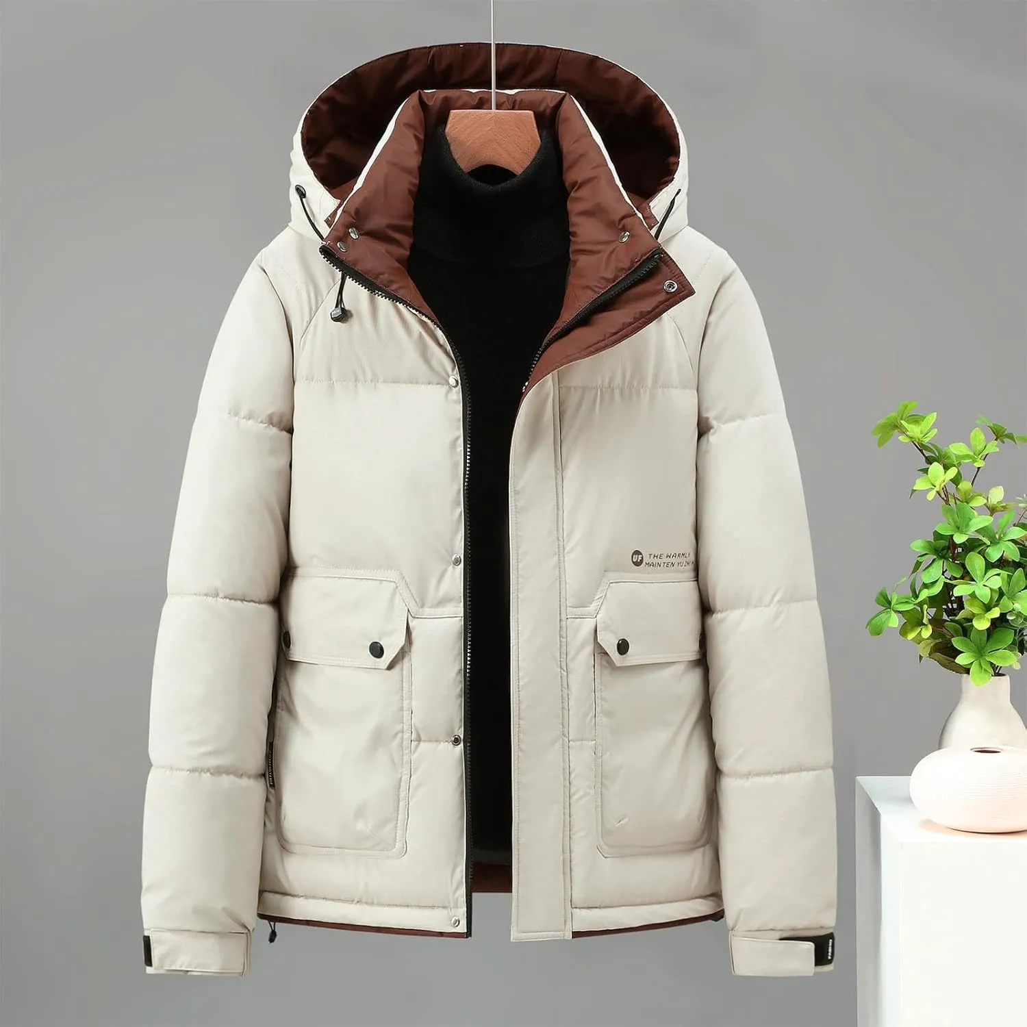 Winter Jackets for Men Fashion Hood Full Zip Warm Padded Coats Lightweight Insulated Outdoor Cargo Jacket with Pocket
