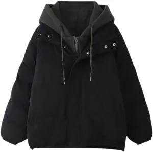 Winter Women's Parka Short Jacket Thicken Hooded Down Jackets Female Casual Loose Cotton-Padded Coats Fake Two Tops