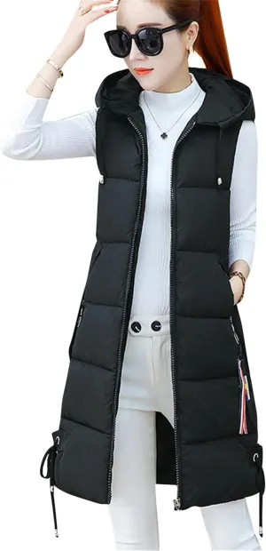 WIWIQS Women's Winter Sleeveless Long Vest Zip Up Quilted Coat Lightweight Warm Jacket with Pockets
