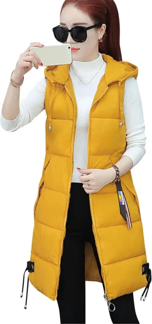 WIWIQS Women's Winter Sleeveless Long Vest Zip Up Quilted Coat Lightweight Warm Jacket with Pockets