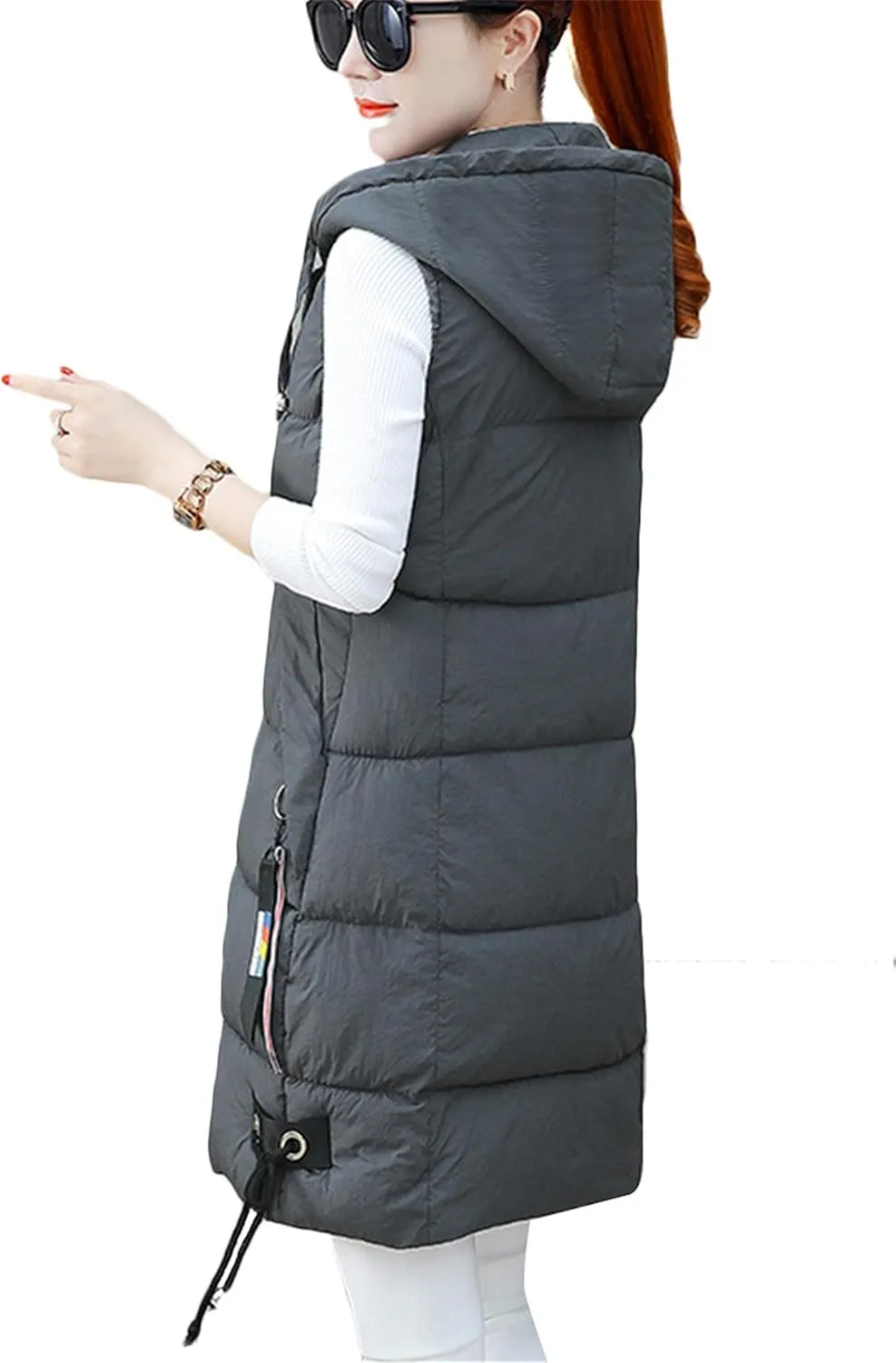 WIWIQS Women's Winter Sleeveless Long Vest Zip Up Quilted Coat Lightweight Warm Jacket with Pockets