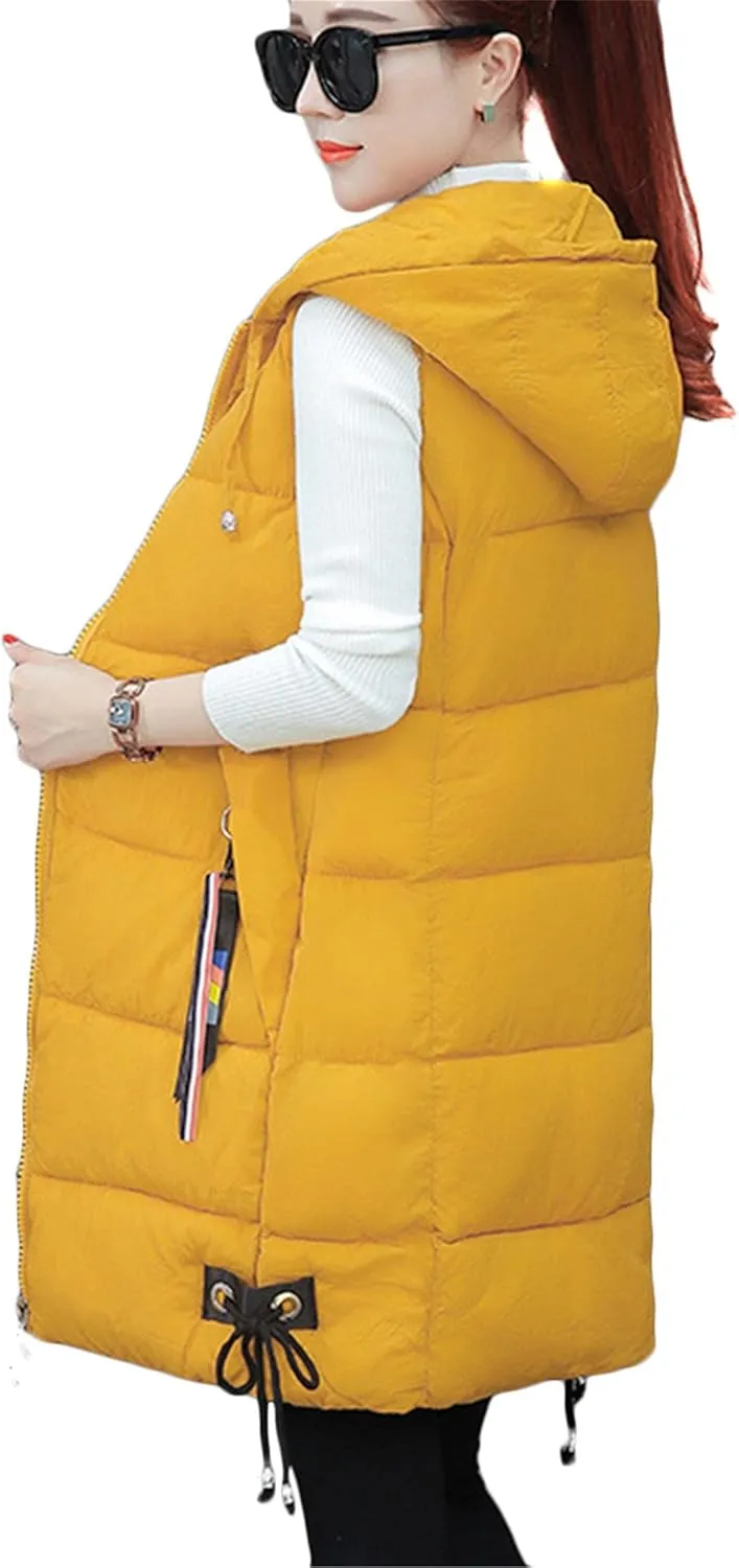 WIWIQS Women's Winter Sleeveless Long Vest Zip Up Quilted Coat Lightweight Warm Jacket with Pockets