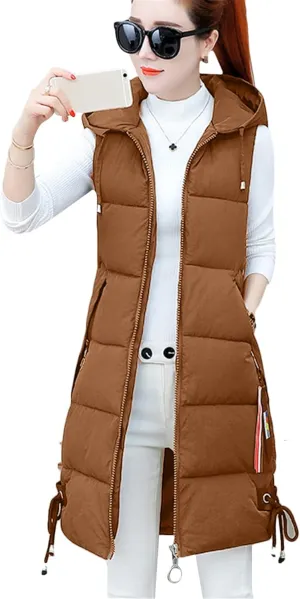WIWIQS Women's Winter Sleeveless Long Vest Zip Up Quilted Coat Lightweight Warm Jacket with Pockets