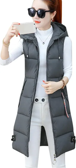 WIWIQS Women's Winter Sleeveless Long Vest Zip Up Quilted Coat Lightweight Warm Jacket with Pockets