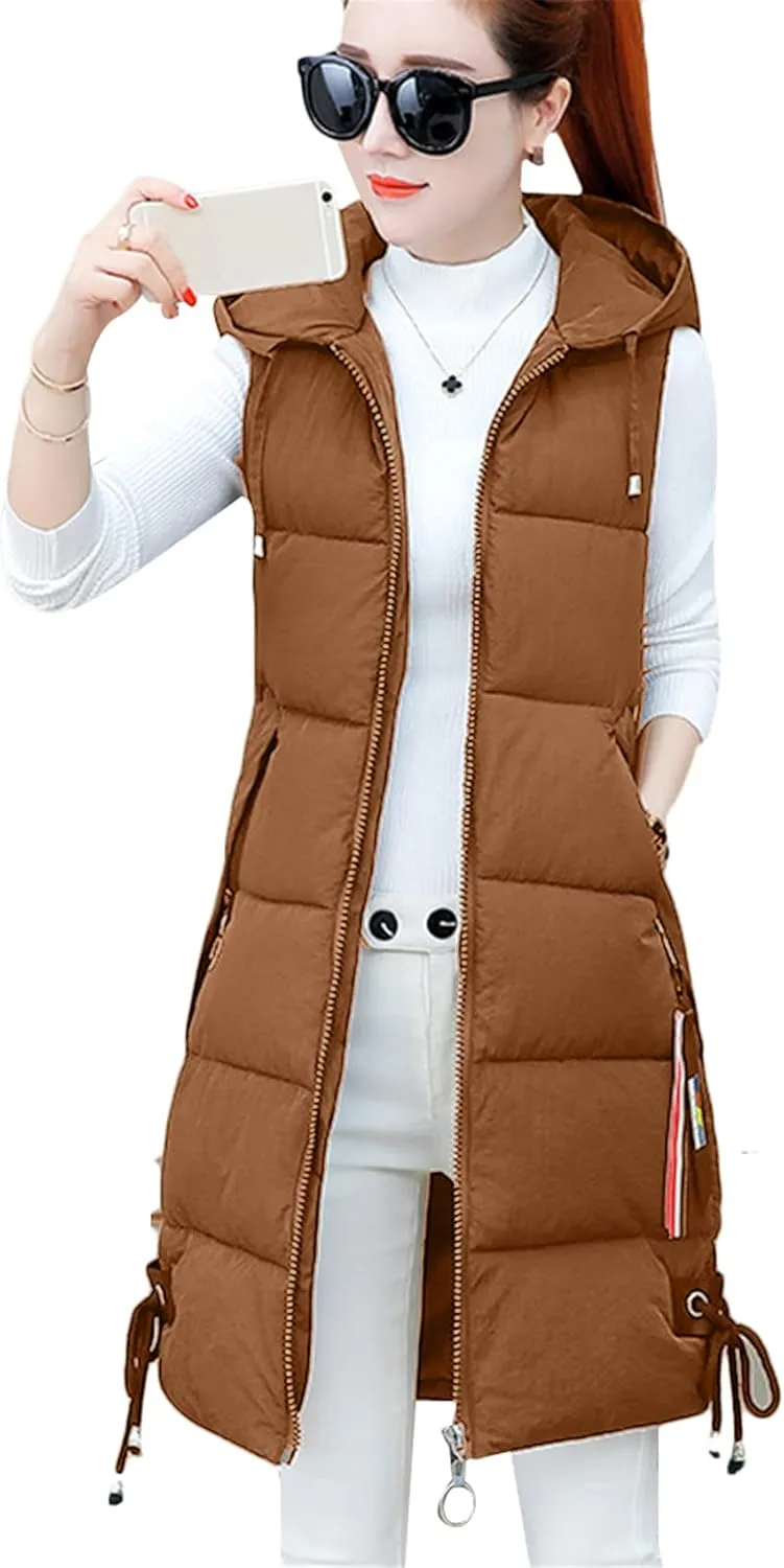 WIWIQS Women's Winter Sleeveless Long Vest Zip Up Quilted Coat Lightweight Warm Jacket with Pockets