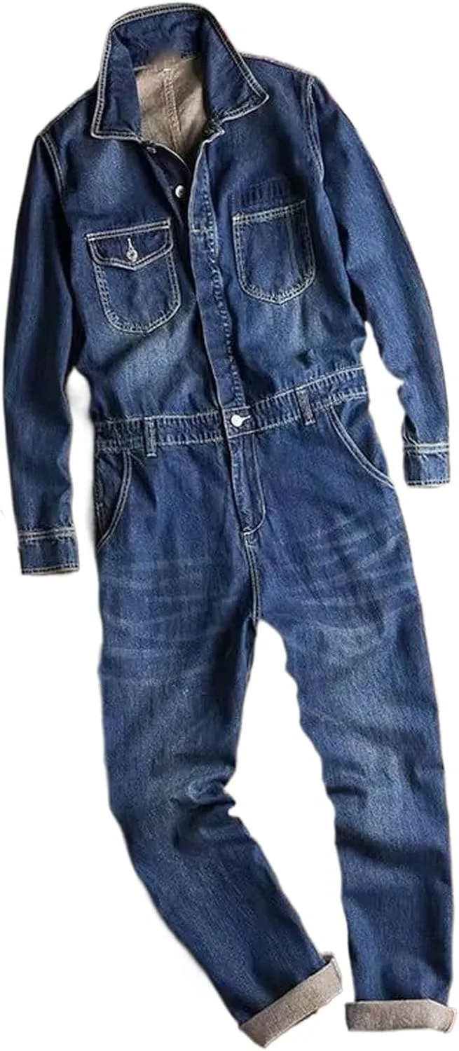 WOLONG Spring and Autumn Men's Denim Jumpsuits Long Sleeve Lapel Overalls Blue Jeans Hip Hop Cargo Pants Freight Trousers