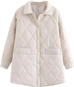 Women Autumn Winter Cotton Padded Jacket Korean Lapel Loose Diamond Plaid Mid-Length Cotton Coats Outerwear