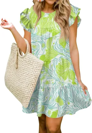 Women Babydoll Summer Casual Crew Neck Ruffle Sleeve Sleeveless Flowy Mini Short Tunic Dress Floral Print Pleated Dress4-Green,Large