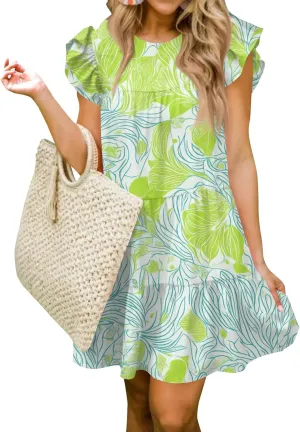 Women Babydoll Summer Casual Crew Neck Ruffle Sleeve Sleeveless Flowy Mini Short Tunic Dress Floral Print Pleated Dress5-Fluorescent Green,Large