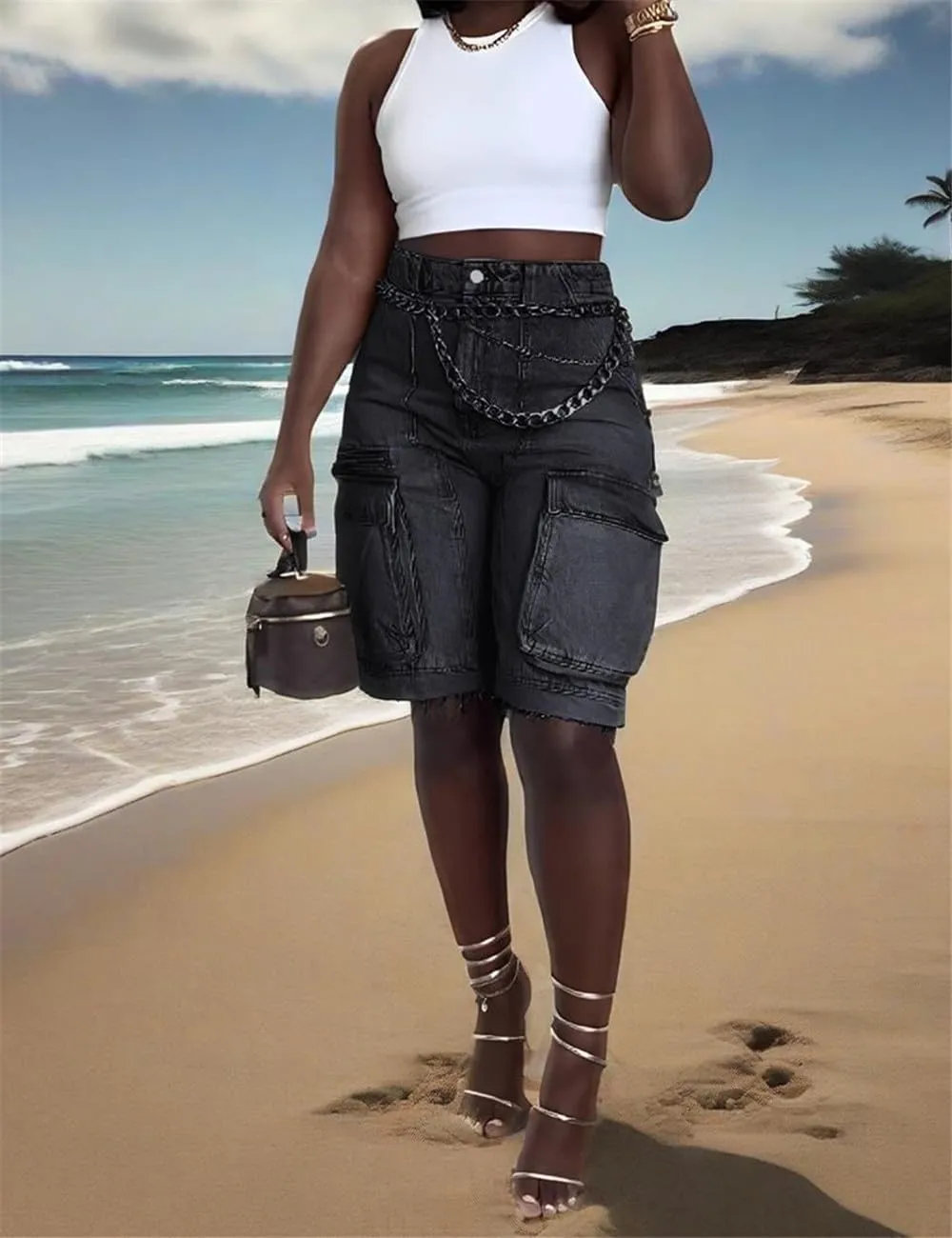 Women Denim Cargo Shorts, High Waisted Long Jean Shorts with Pockets