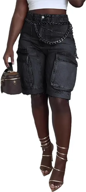Women Denim Cargo Shorts, High Waisted Long Jean Shorts with Pockets