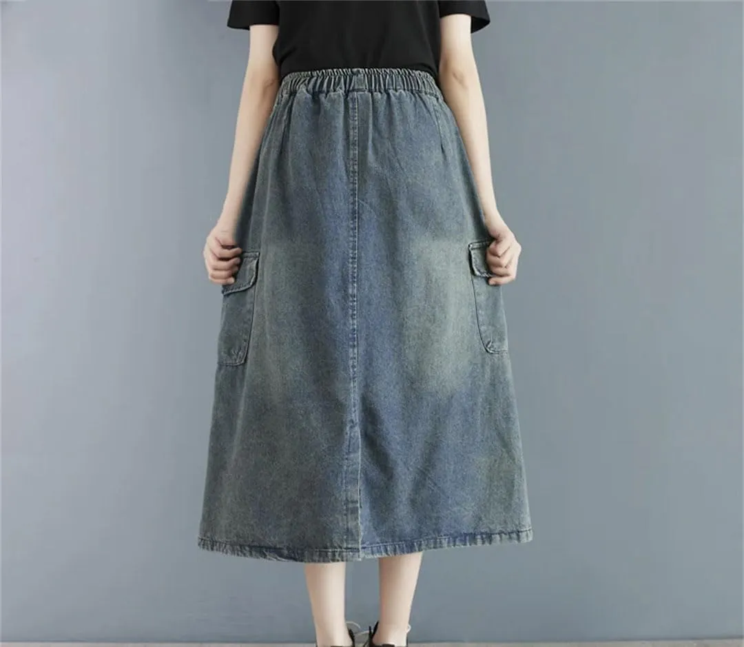 Women Denim Midi Skirt Hole Irregular Casual Skirts A-Line Loose Ruffle Pleated Skirts