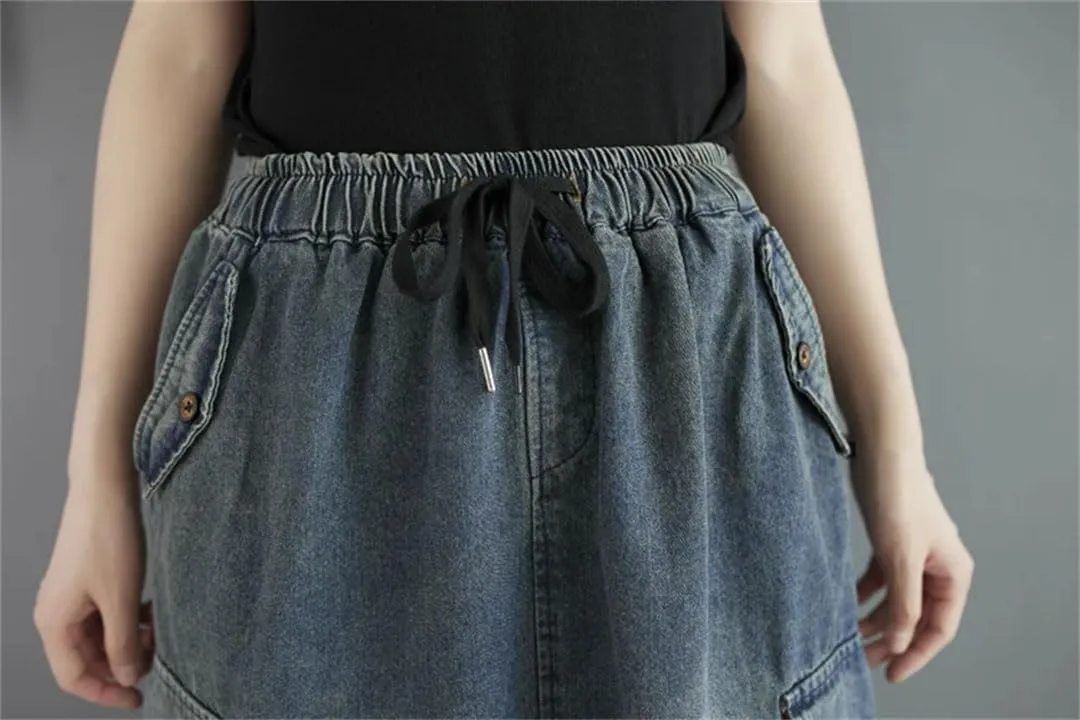 Women Denim Midi Skirt Hole Irregular Casual Skirts A-Line Loose Ruffle Pleated Skirts