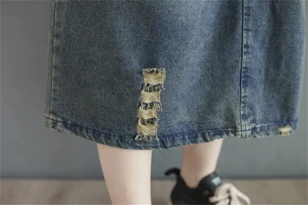 Women Denim Midi Skirt Hole Irregular Casual Skirts A-Line Loose Ruffle Pleated Skirts