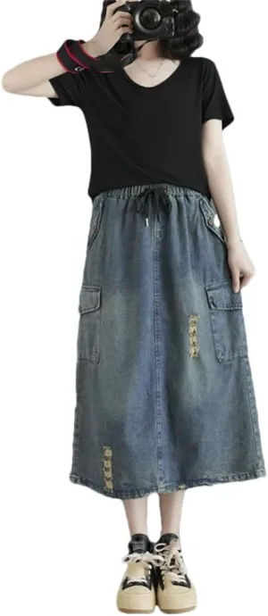 Women Denim Midi Skirt Hole Irregular Casual Skirts A-Line Loose Ruffle Pleated Skirts
