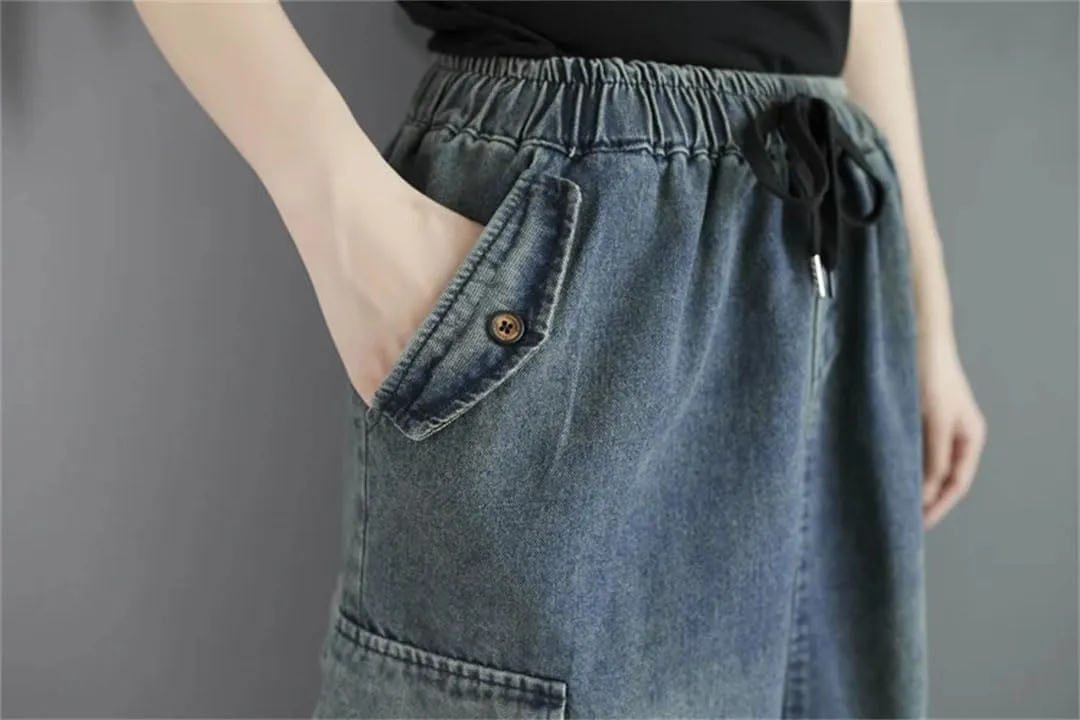Women Denim Midi Skirt Hole Irregular Casual Skirts A-Line Loose Ruffle Pleated Skirts