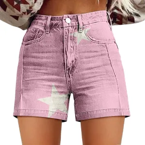 Women Denim Shorts Vintage Boho Floral Print Denim Jeans Casual High Waist Slim Bermuda Short Retro Y2K Streetwear